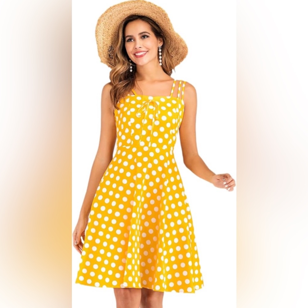 NWT Cotton Summer Women Polka Dot Vintage Swing Dress Yellow White M